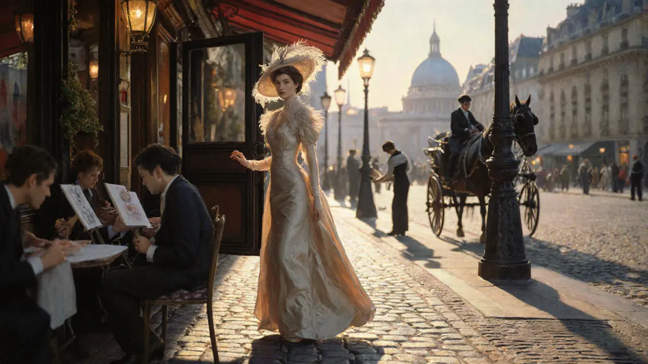 A Belle Époque courtesan exits a carriage outside a Parisian café, surrounded by artists and gaslight glow.