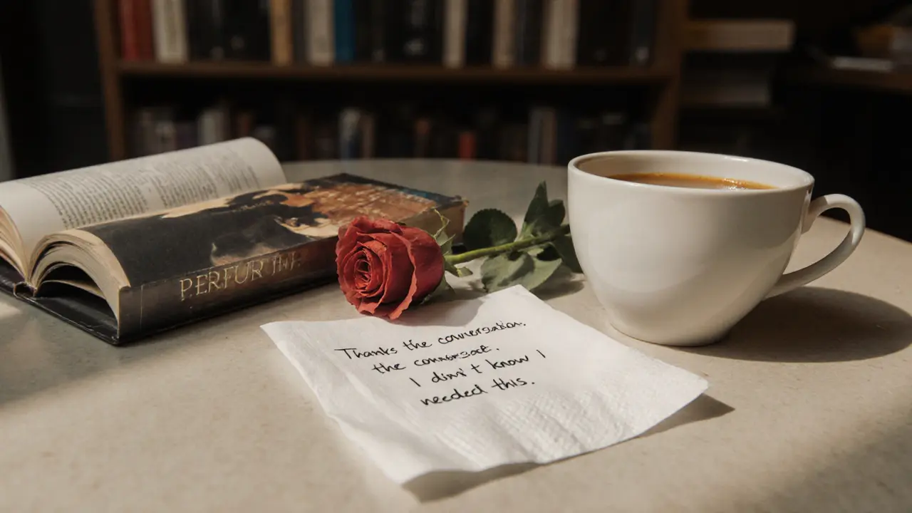 A handwritten note and a single rose beside an open book on a café table, soft morning light, quiet moment of sincerity.