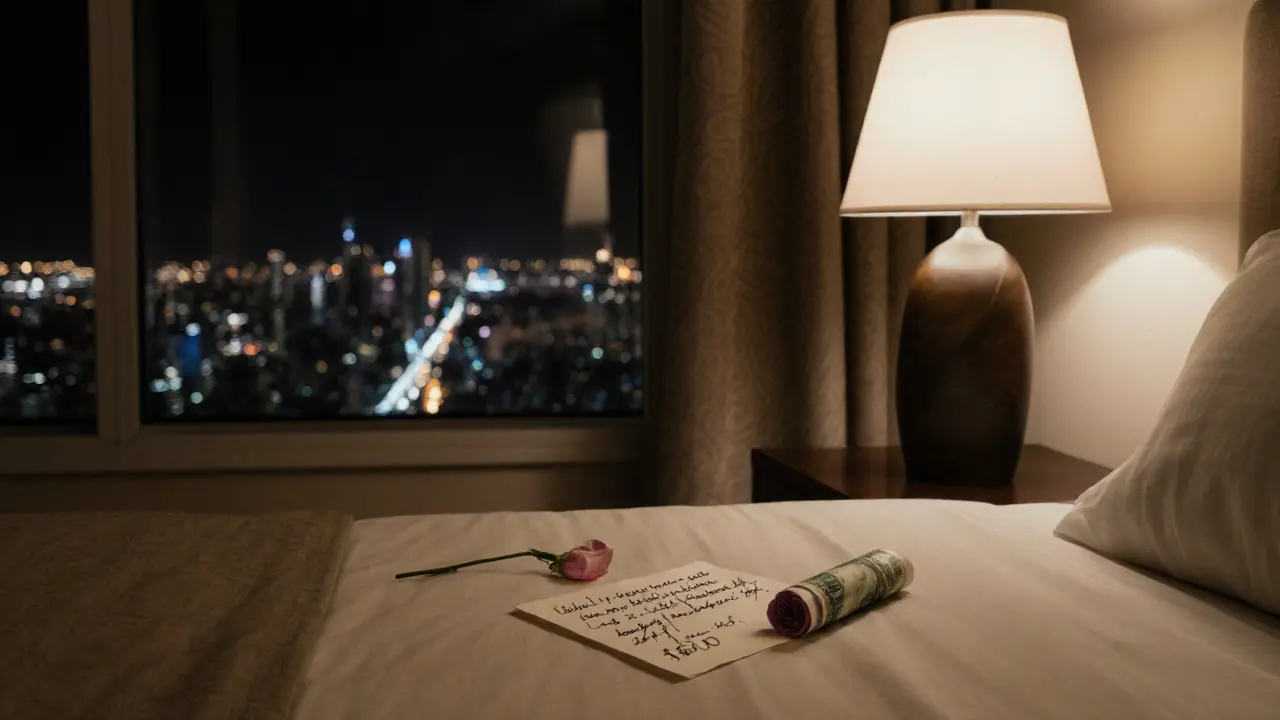 A handwritten note and rose petal beside a tip on a bedside table, city lights visible through a window.