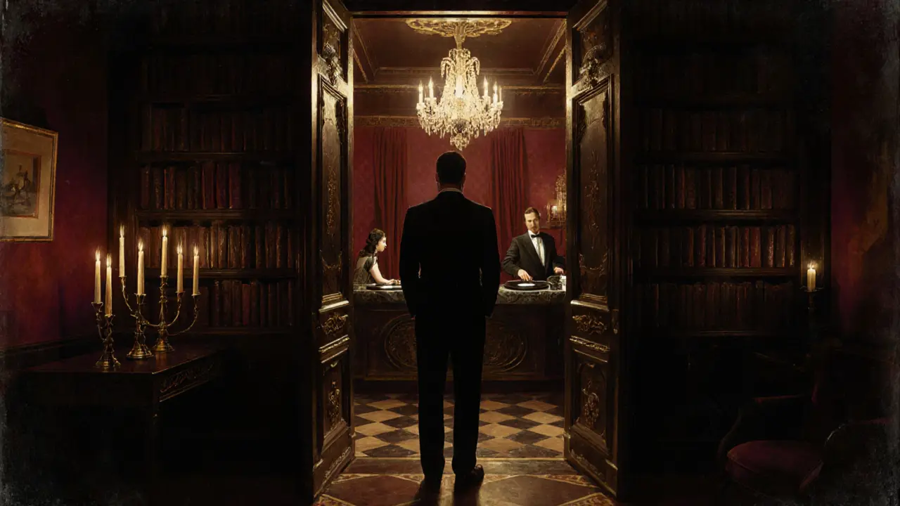 A hidden entrance behind a bookshelf leading to an exclusive Parisian club with elegant guests on a small dance floor.