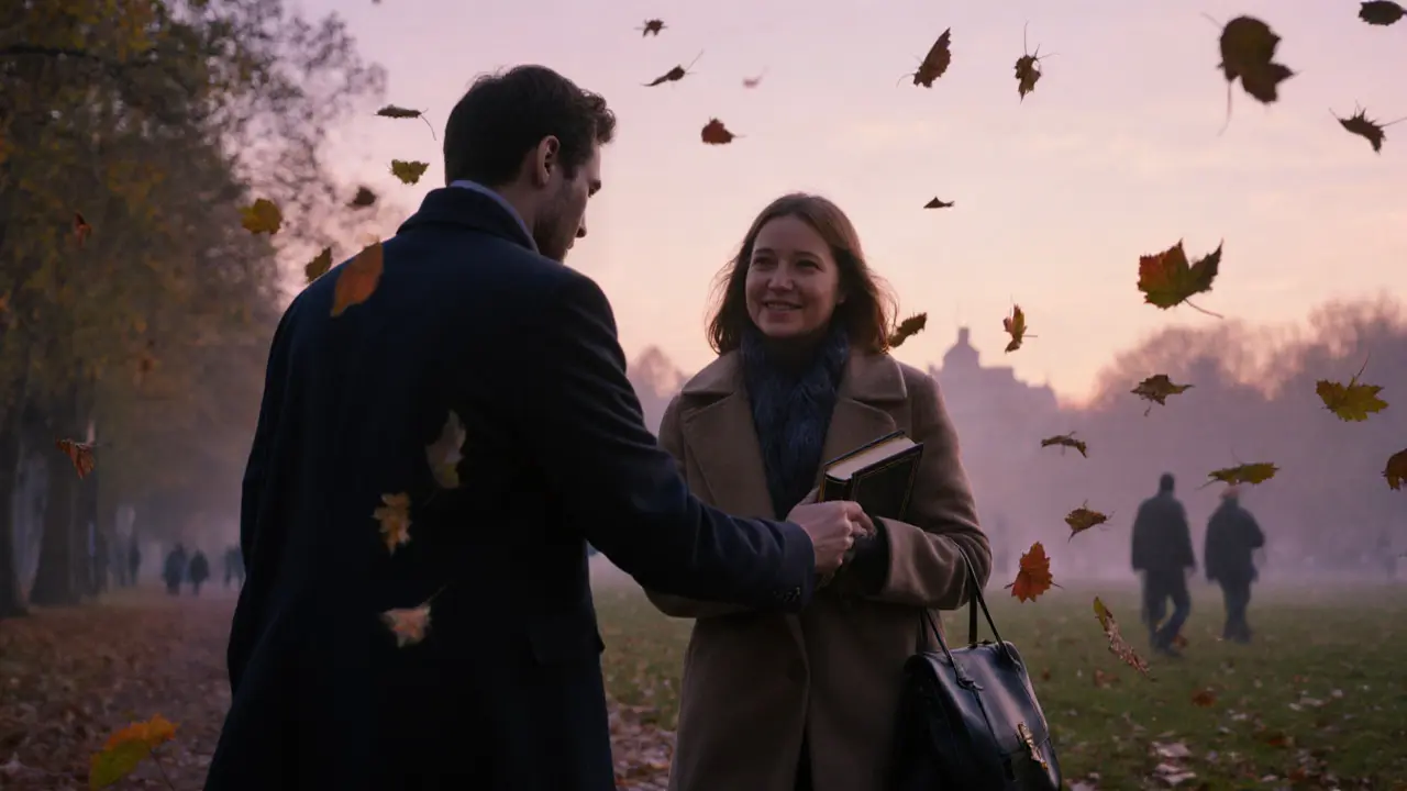 A man offering his coat to a woman walking through Hyde Park at dusk, autumn leaves falling, she holds a book.