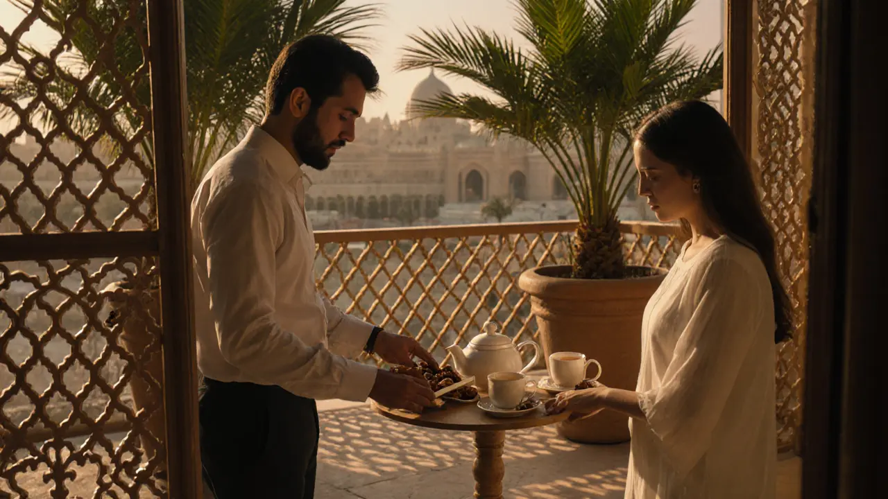 A man placing a small box of dates on a table beside tea cups in a luxurious Abu Dhabi terrace setting.