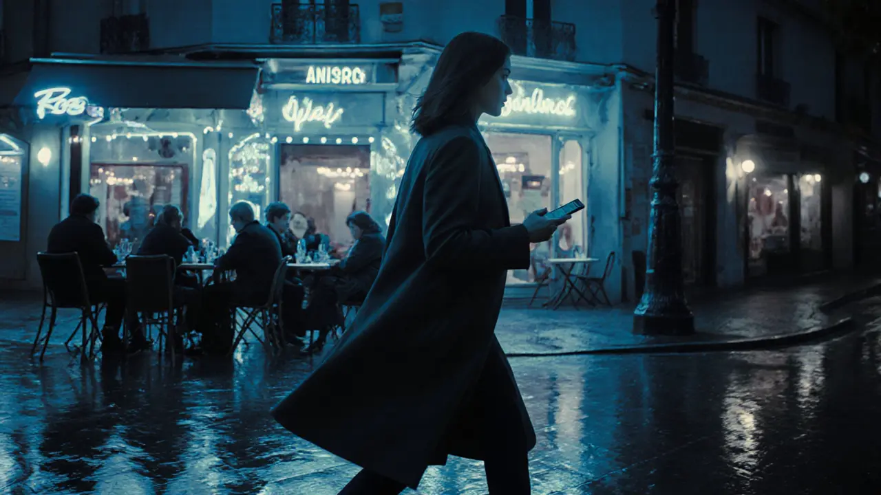 A modern Parisian escort walks confidently at dusk, smartphone in hand, under soft neon and rain-slicked streets.