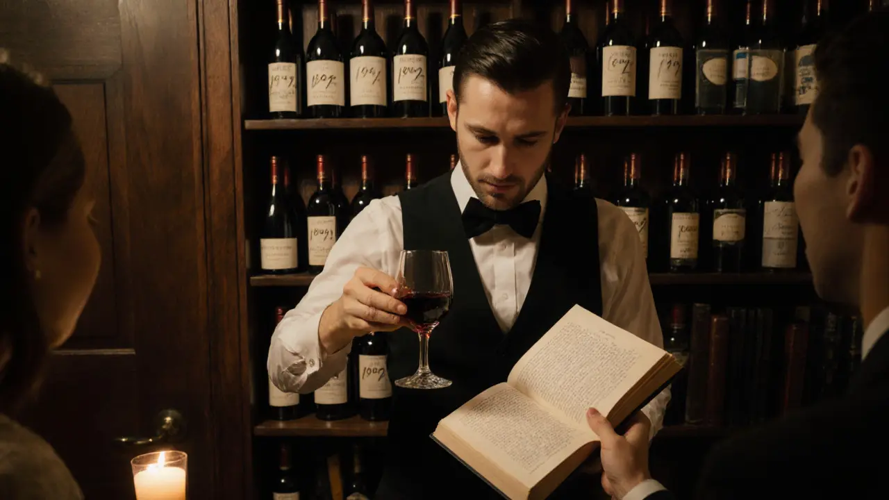 A secluded speakeasy behind a bookstore, with vintage wines and a guest reading a handwritten note by candlelight.