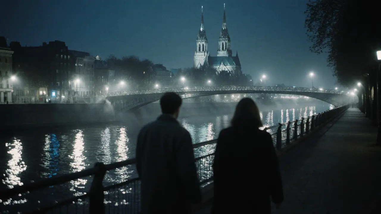 A solitary walk along the Spree River at night, lights reflecting on dark water.