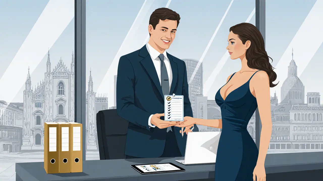 Agency representative giving verification badge to escort in a sleek office.