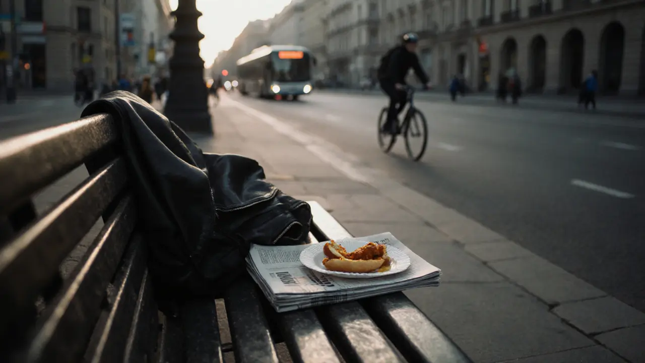An empty bench in Mitte at dawn with a half-eaten currywurst and a leather jacket.