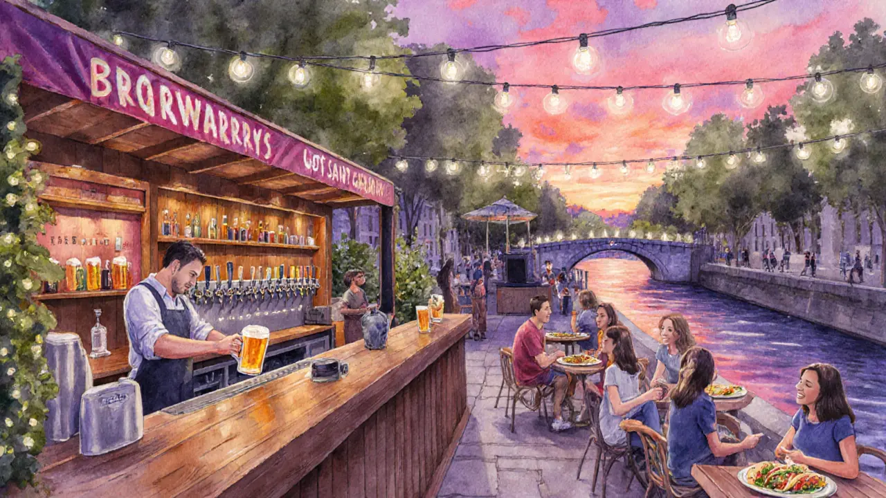 Brewberry outdoor garden at sunset with string lights, tacos, and a DJ.