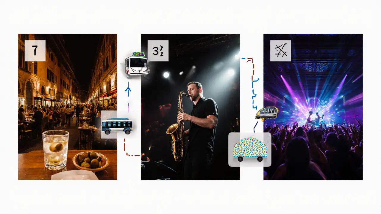 Collage of bar, jazz club, dance club, and night transport showing a Milan nightlife itinerary.