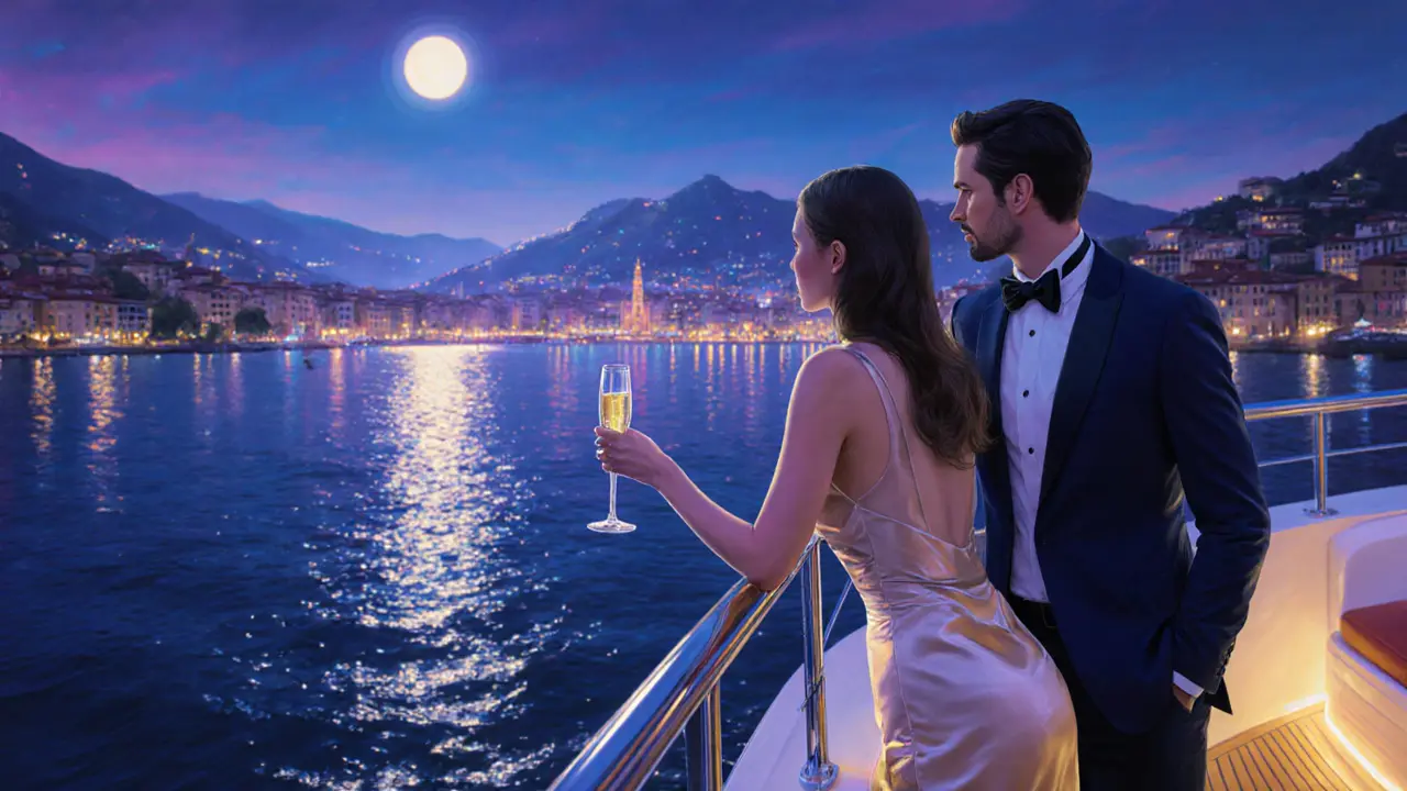 Companion and client enjoy champagne on a midnight yacht with Milan skyline reflections.