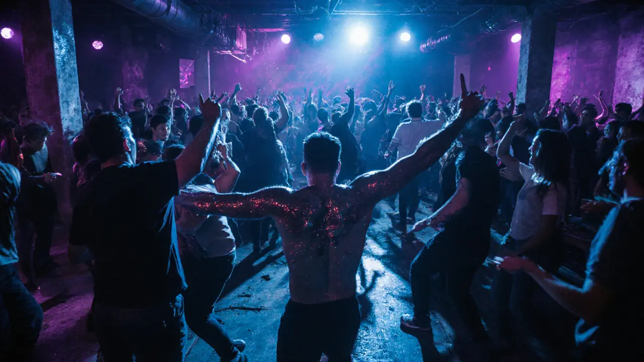 Crowd dancing in an industrial nightclub with strobe lights and exposed pipes, no VIP areas, pure energy.