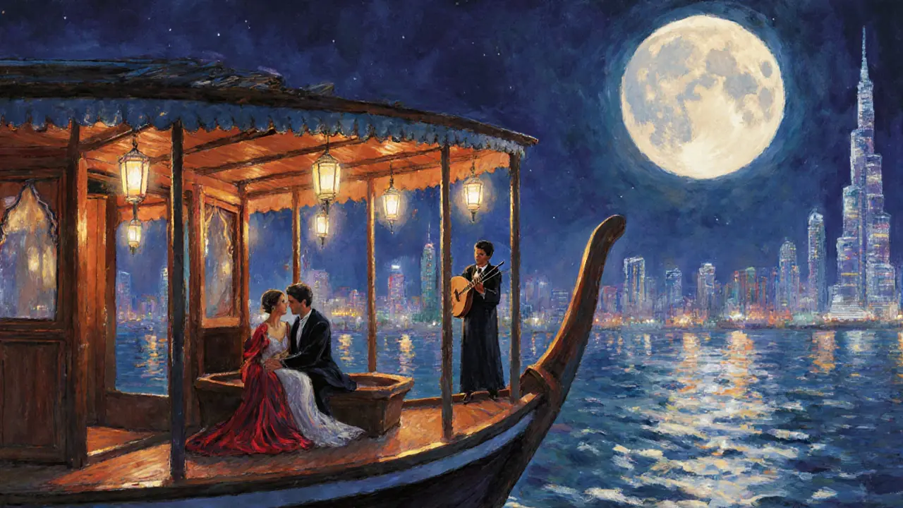Elegant couple on a lit dhow cruise at night with city lights reflected on water.