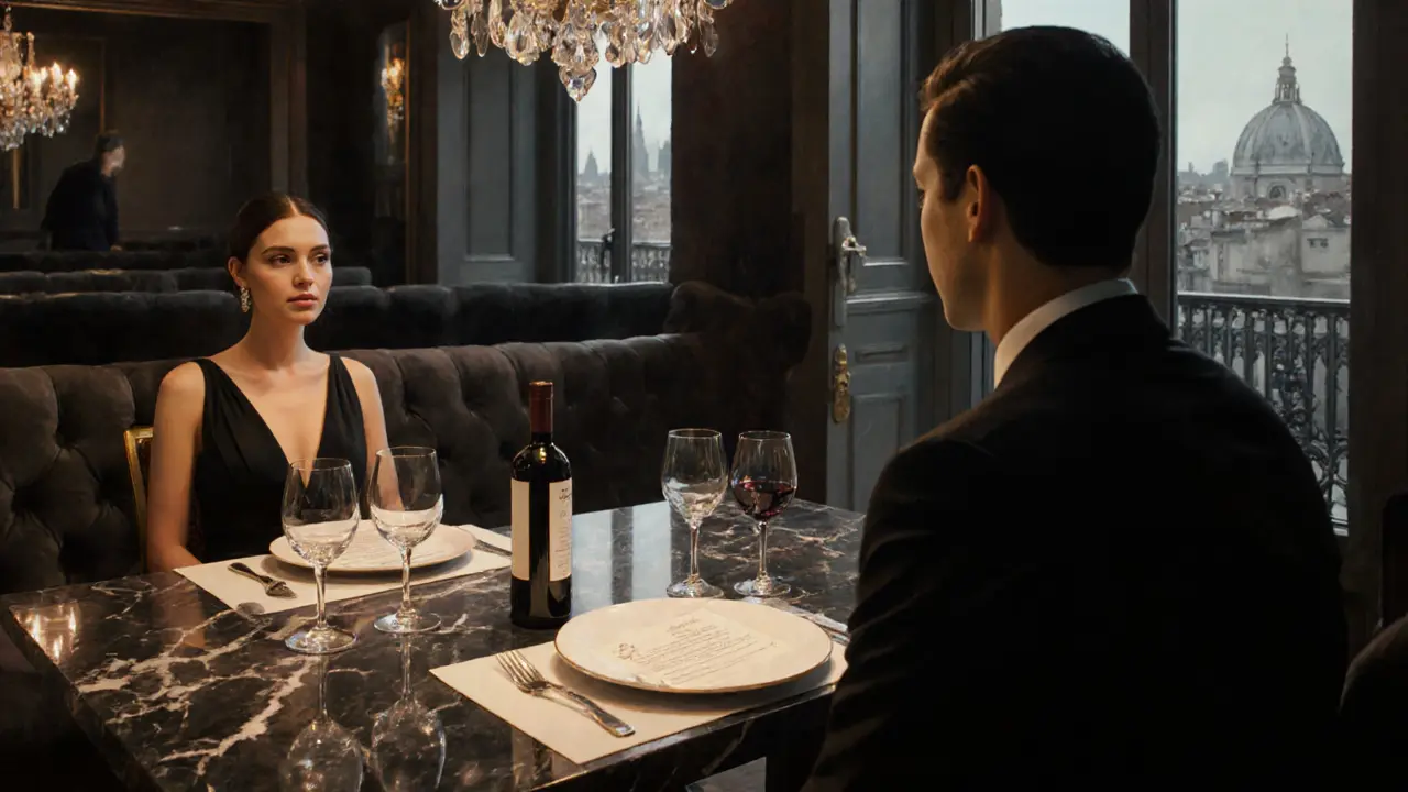 Elegant couple shares a gourmet dinner in a private, upscale Milan restaurant.