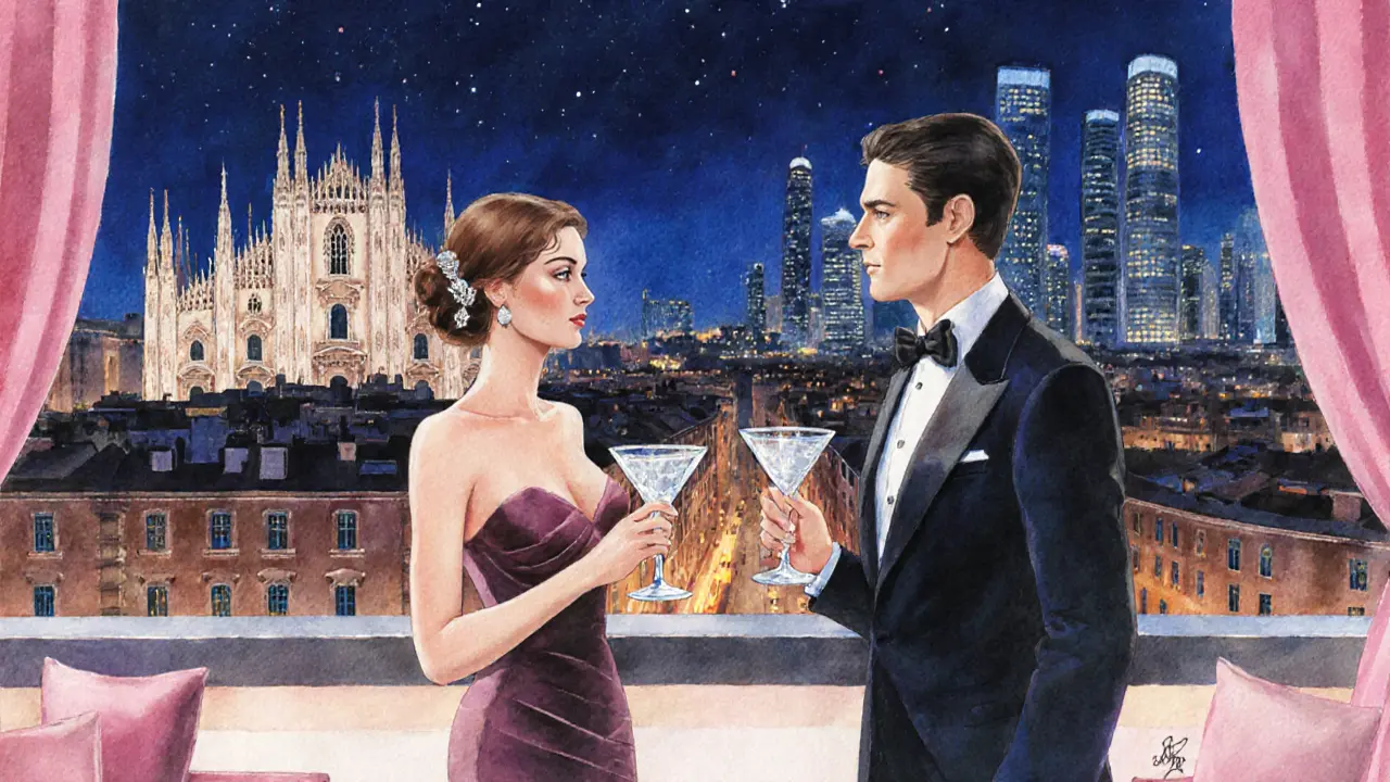 Elegant couple with cocktails on a Milan rooftop bar overlooking the illuminated city skyline.