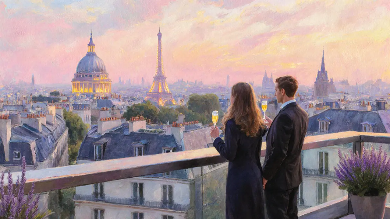 Escort and traveler enjoy champagne on a sunrise rooftop bar overlooking Paris.