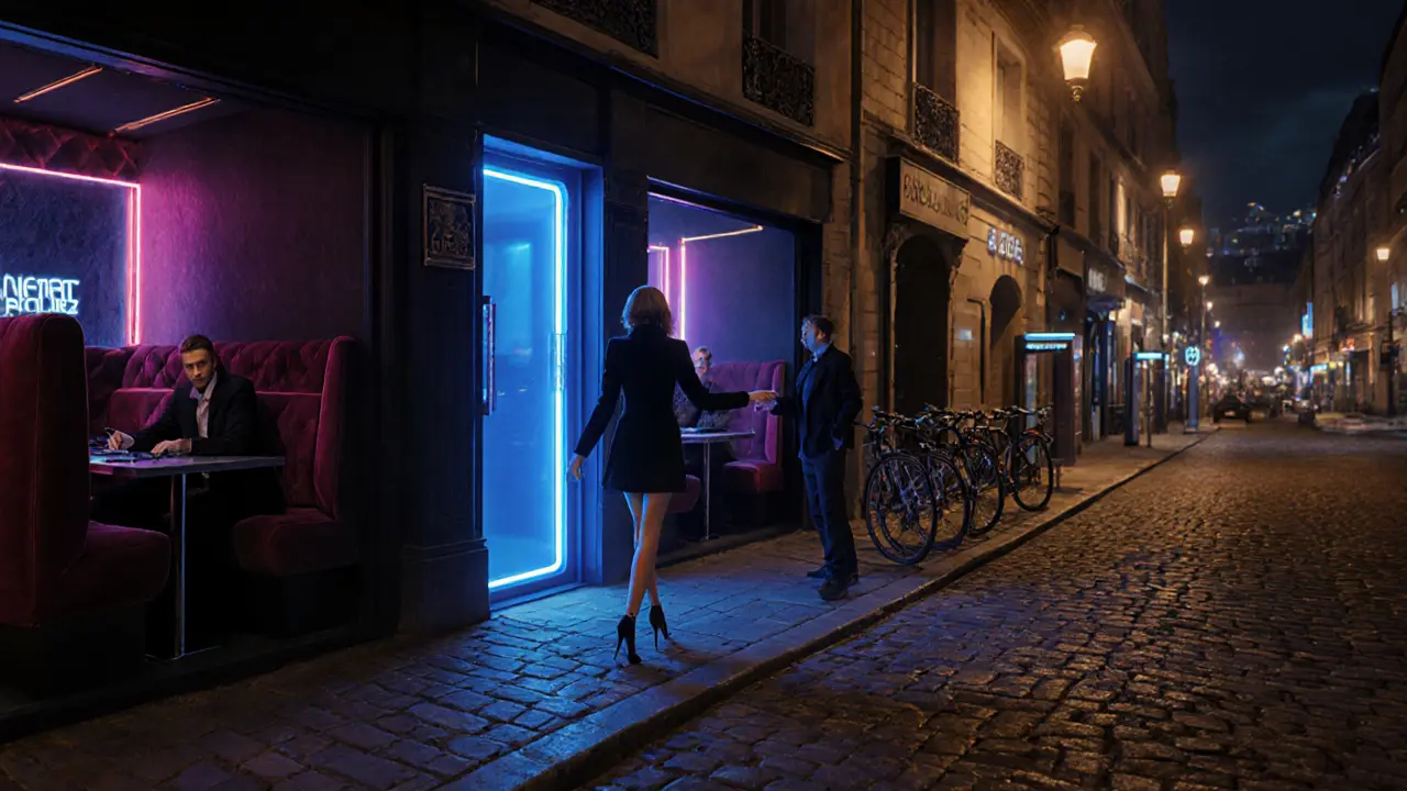 Escort leads traveler into an exclusive underground club in Bastille at night.