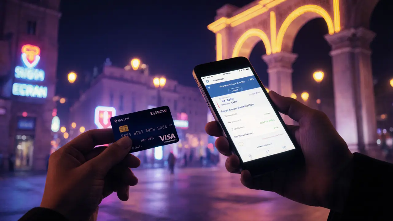 Hands exchanging credit card and smartphone escrow app in night-time Milan.