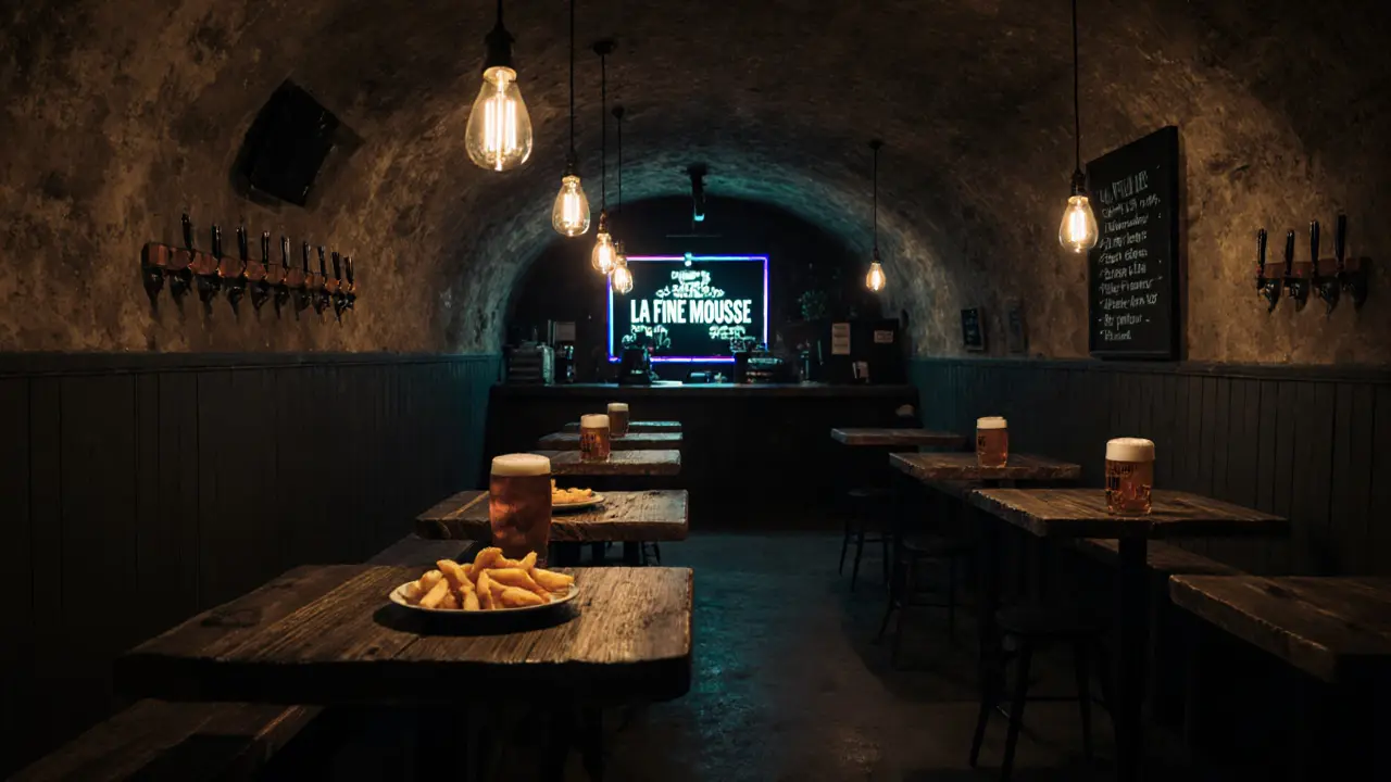 Interior of La Fine Mousse showing low lighting, taps, beers, and fries.
