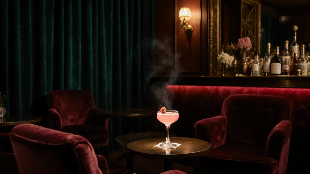 Intimate velvet lounge with a glowing Desert Rose cocktail on the bar.