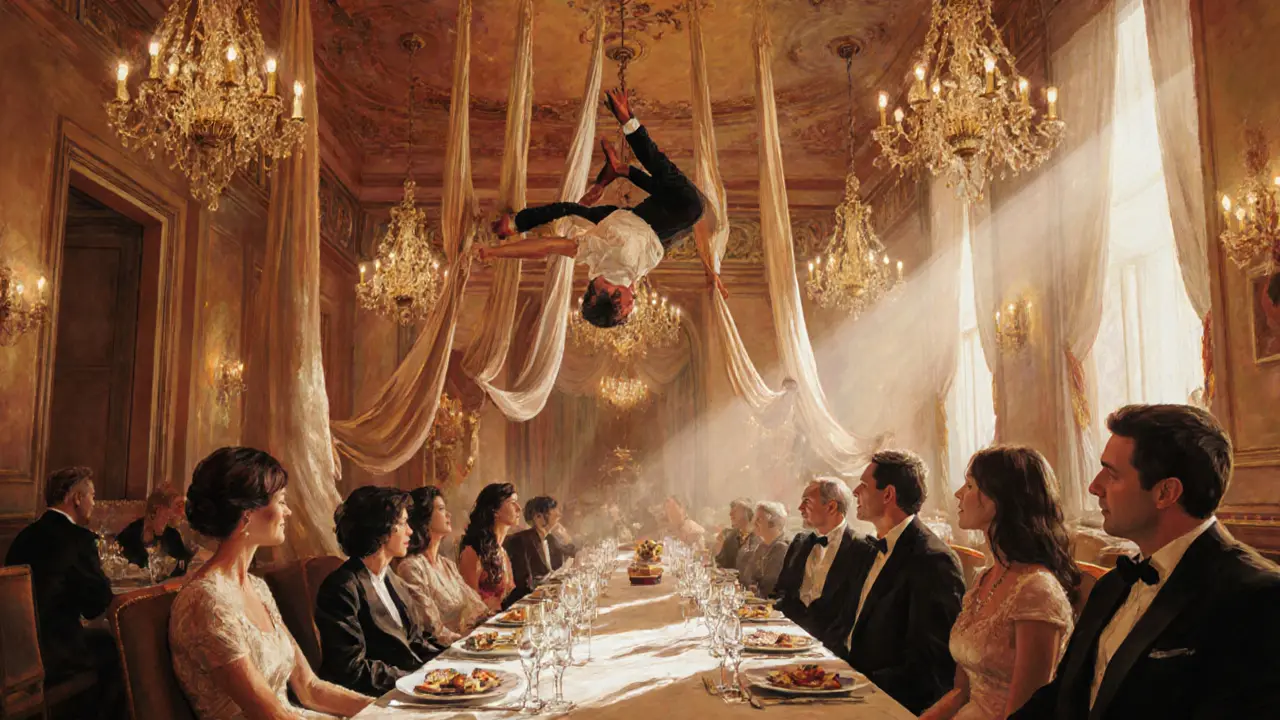 Le Cirque lounge featuring aerial silks, fine dining, and glamorous guests.