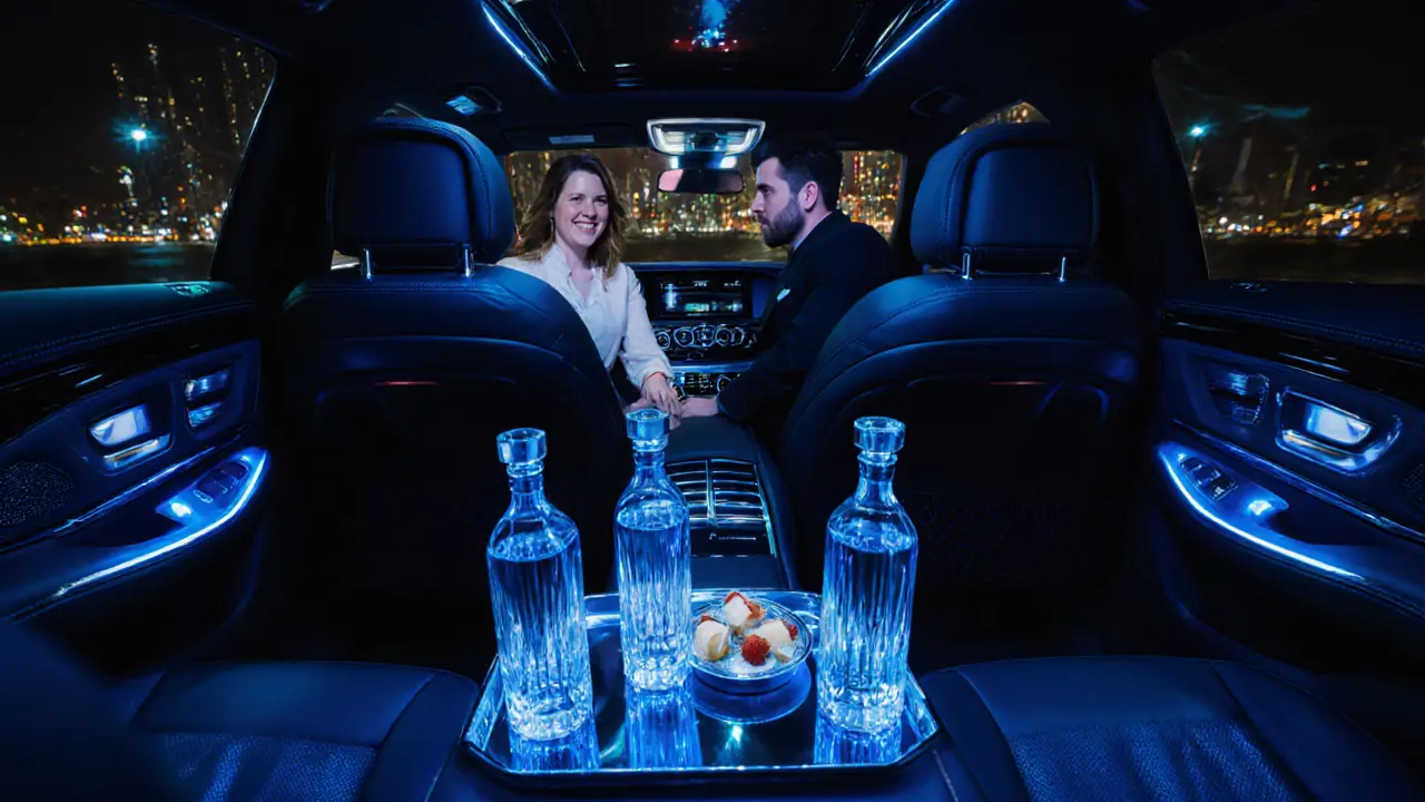 Luxury limousine interior with couple seated, mini‑bar and city lights visible.