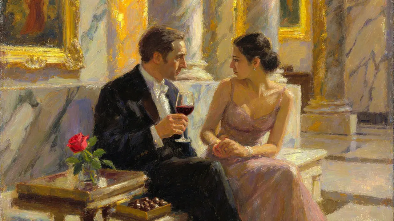 Man and escort sharing wine in Musée d'Orsay, rose and chocolates on table.