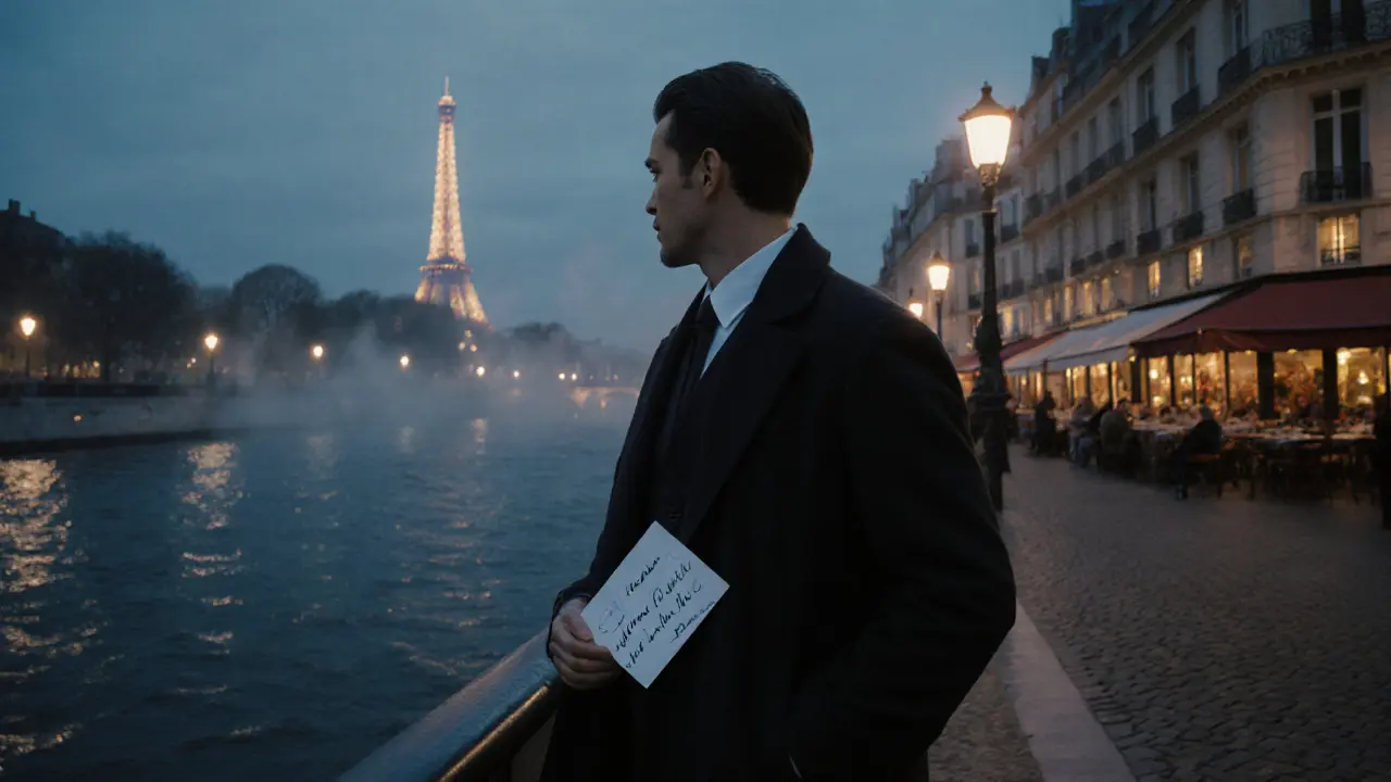 Man by the Seine at night holding a thank‑you note, Eiffel Tower glows behind.