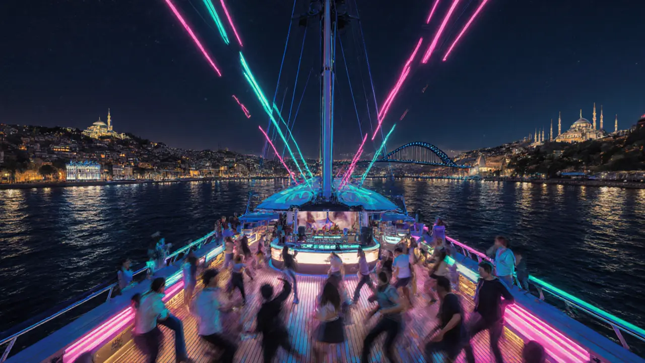 Nighttime Bosphorus cruise party on a yacht with DJ lights and dancing crowd.