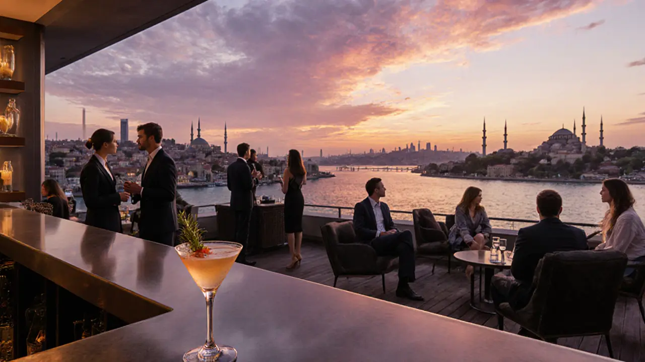 Rooftop bar at 360 Istanbul with sunset view, cocktail, and stylish patrons.