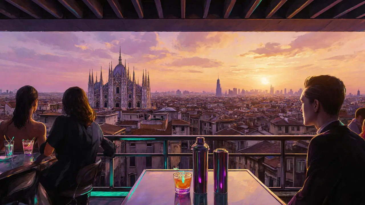 Rooftop bar at sunset overlooking Milan skyline, fashionable guests with cocktails.