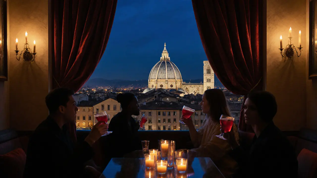 Rooftop lounge with view of Milan's Duomo, people sipping drinks under soft candlelight and night sky.