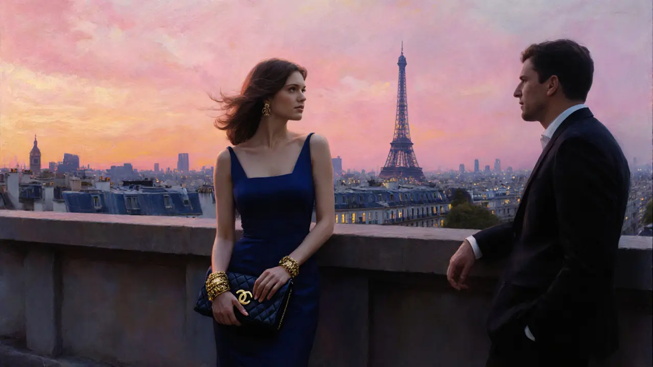 Rooftop terrace at sunset with the escort in a blue dress overlooking illuminated Paris.