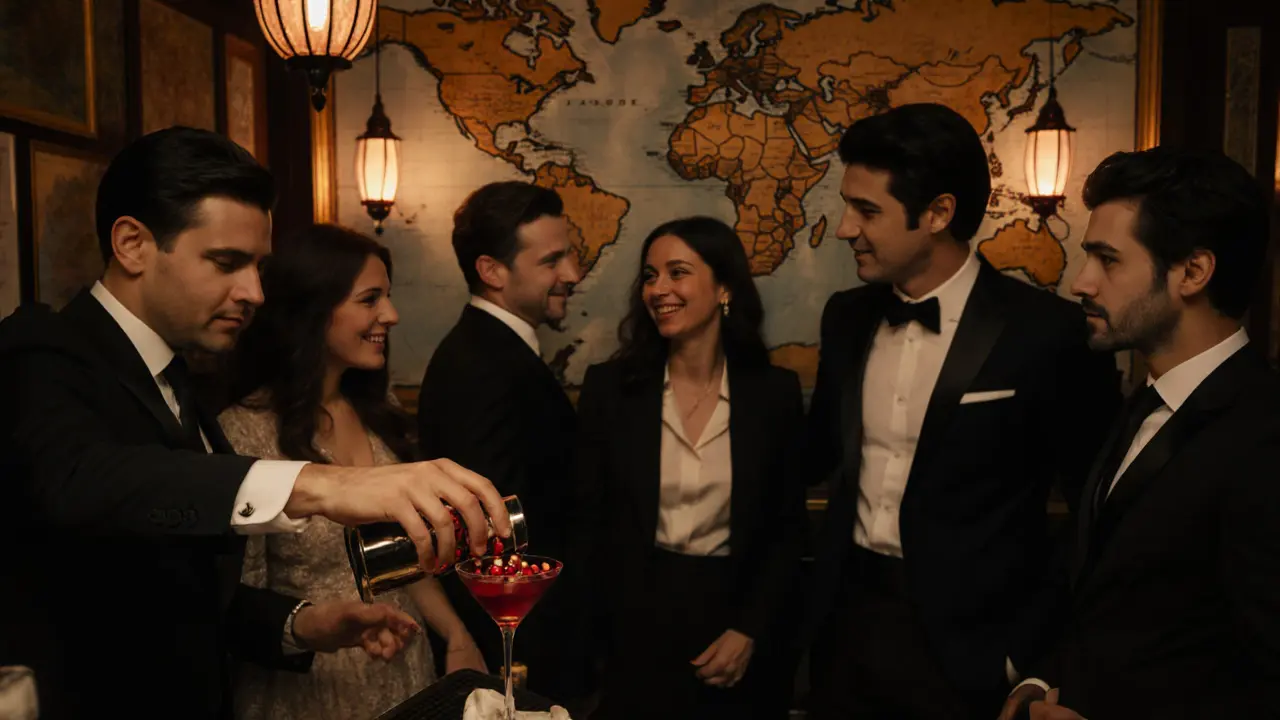 Stylish guests enjoy Arabian Night cocktails in a map‑decorated Dubai speakeasy.