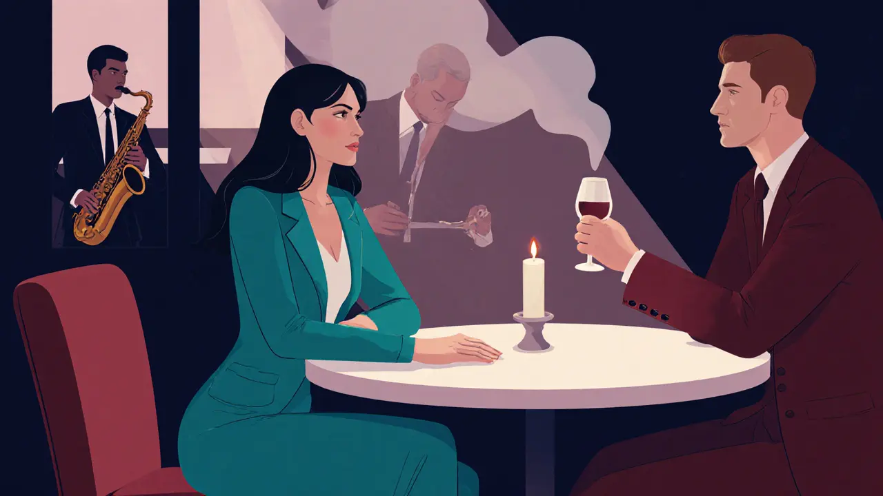 The escort and a companion sharing a moment of mirrored gestures in a dim jazz bar.