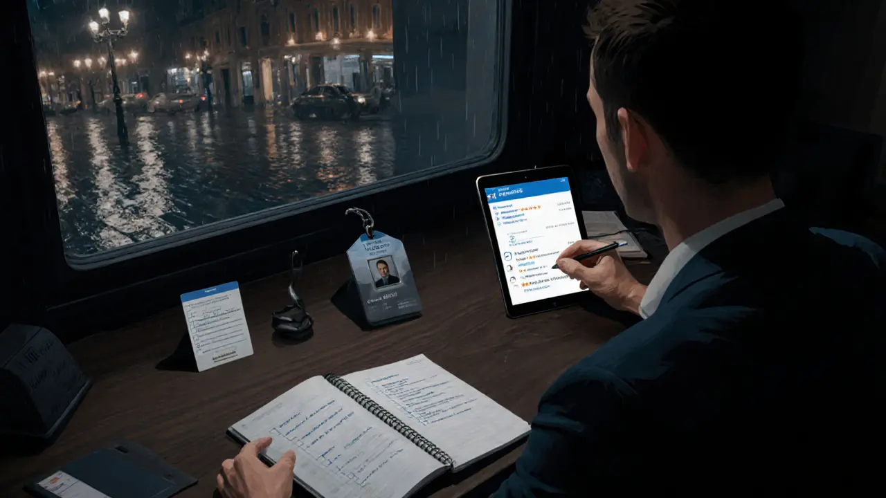 Workspace with checklist, ID badge, and tablet showing verified reviews, suggesting safe booking.