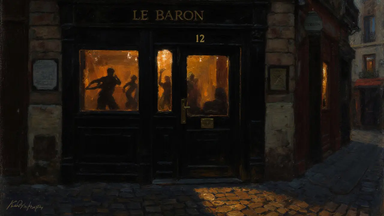 A black door with brass number 127 glowing faintly, entrance to a secret Parisian speakeasy.