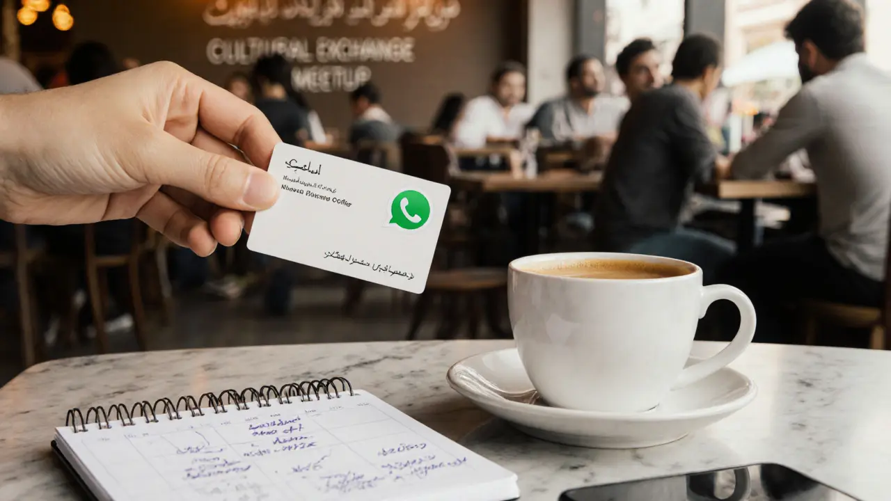 A business card and coffee cup on marble, symbolizing transparent, lawful companionship in Abu Dhabi.