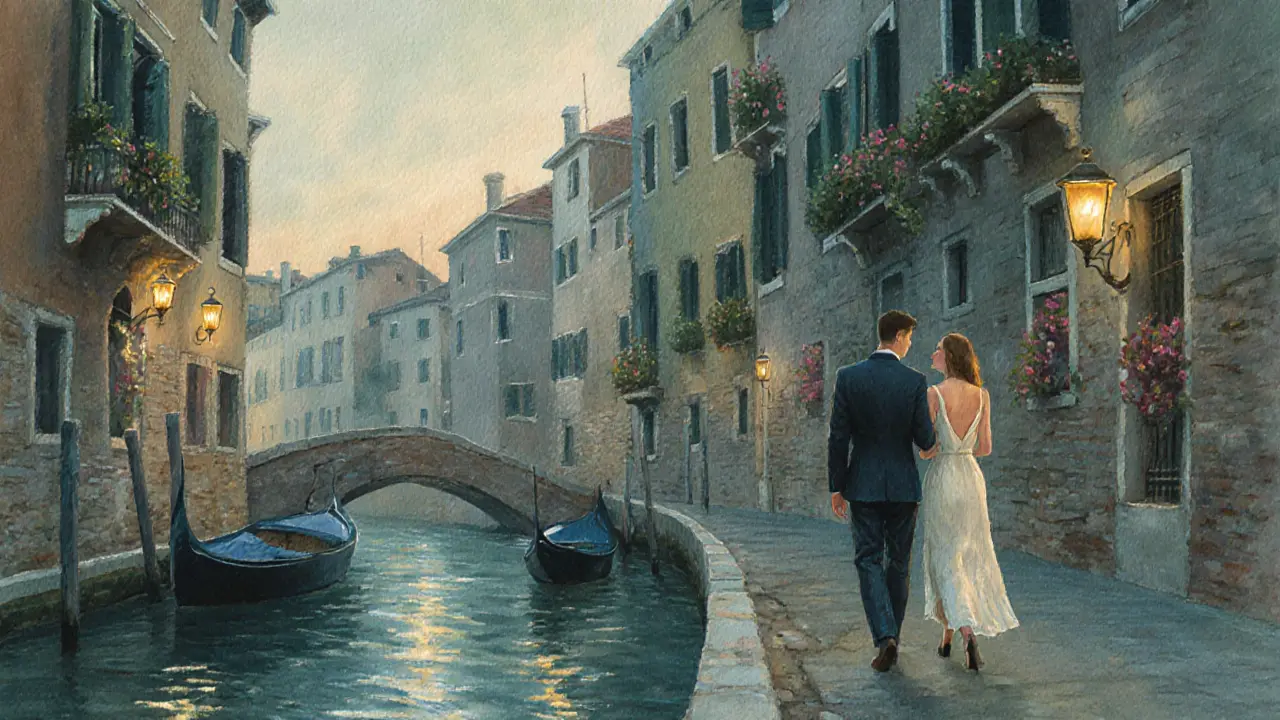 A client and escort walk peacefully along the Navigli canals at twilight, sharing quiet conversation under lanterns.