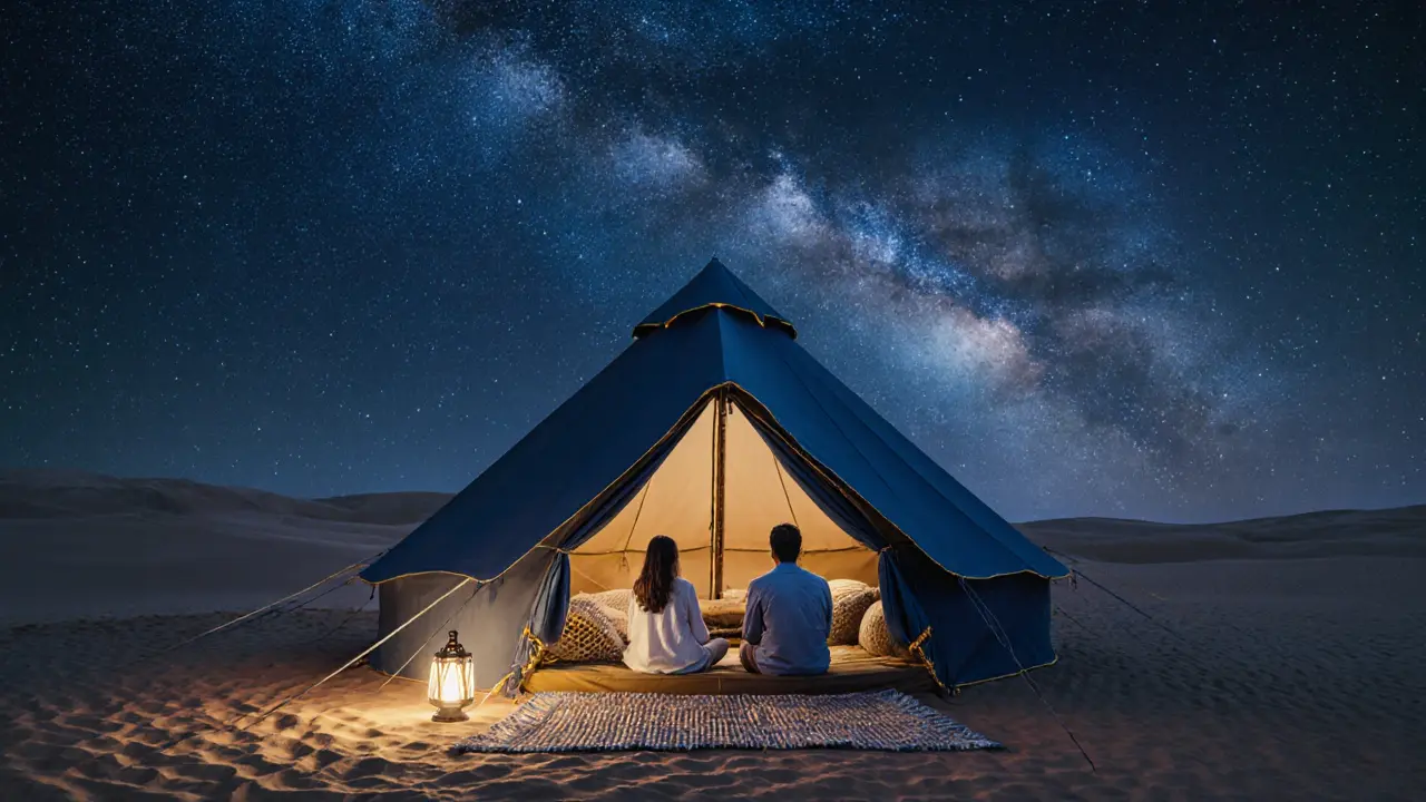 A couple in a luxury desert tent under a starry sky, surrounded by traditional rugs and a single lantern's warm glow.