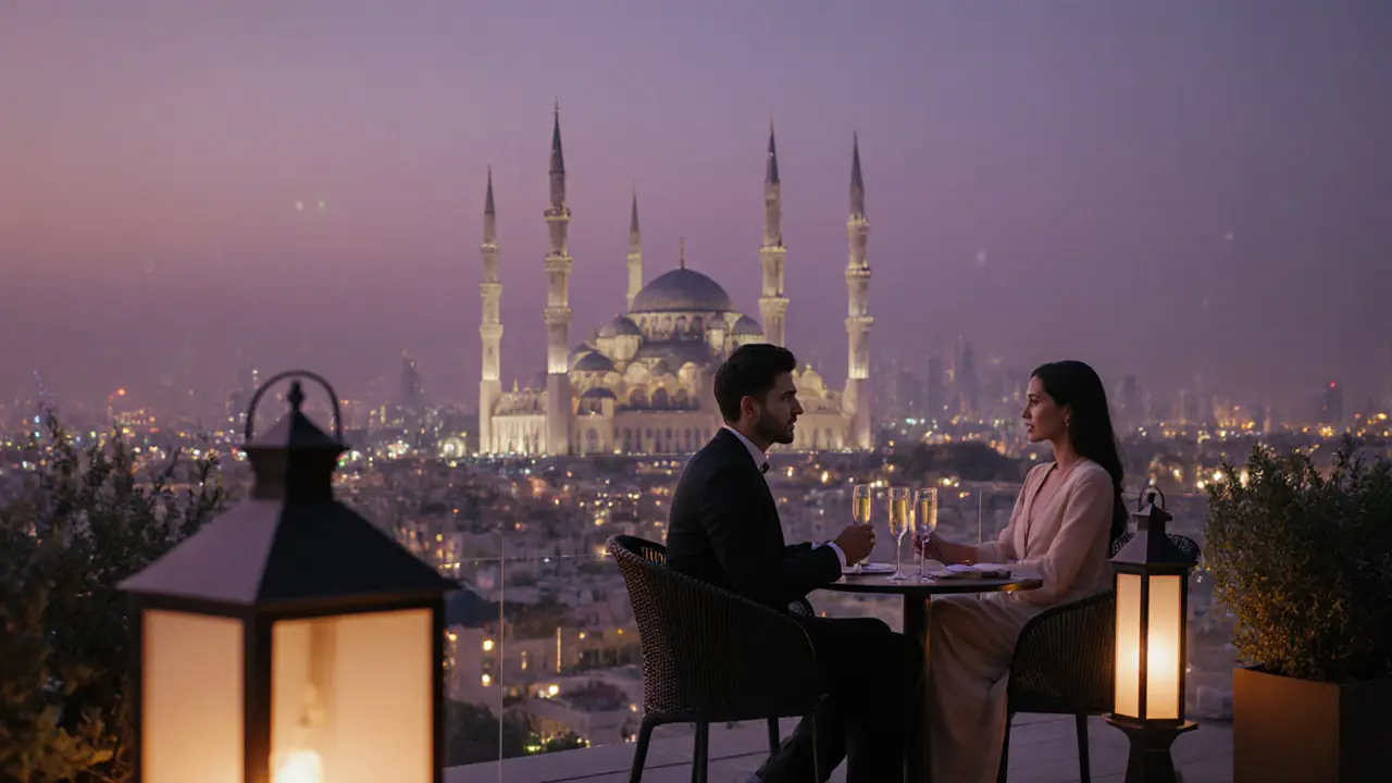 A couple on a rooftop lounge in Abu Dhabi at dusk, city lights and mosque in background, champagne glasses on table.