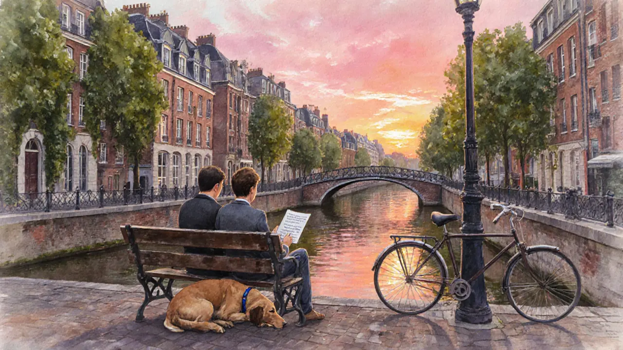 A couple reads poetry by the Canal Saint-Martin at sunset, their dog sleeping peacefully beside them.