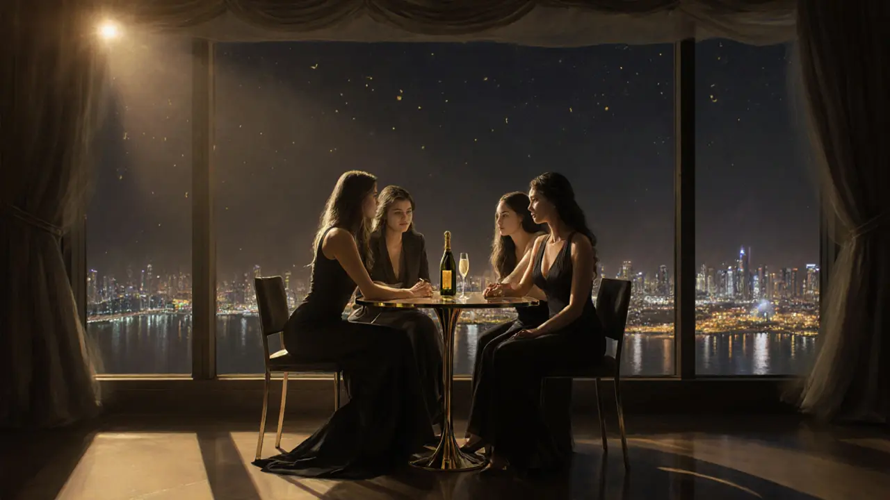 A group of elegant women at Level 43 with champagne, soft jazz lighting, and skyline views.