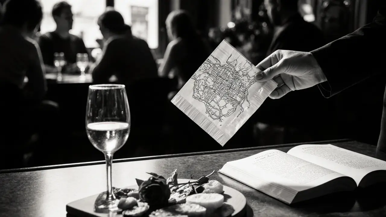A handwritten map on a napkin is handed over a wine bar counter, with glasses and an open book nearby.