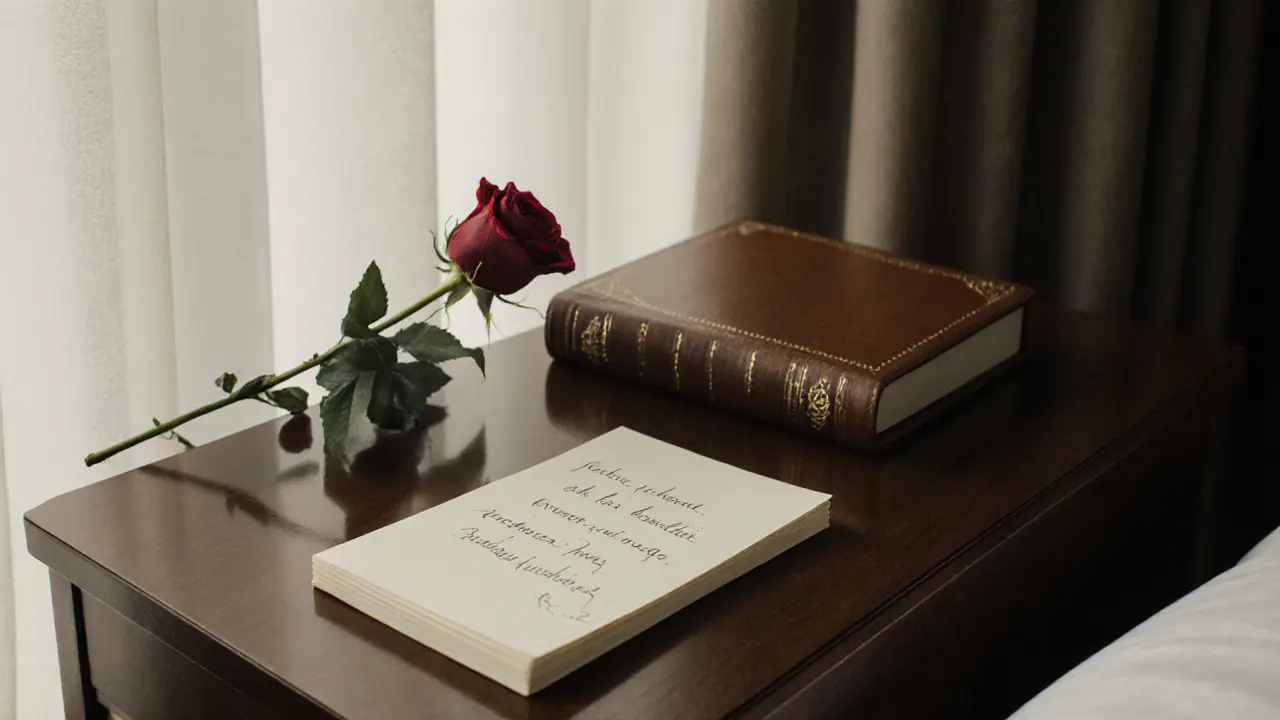A handwritten note and rose rest on a hotel side table, symbolizing a discreet farewell.