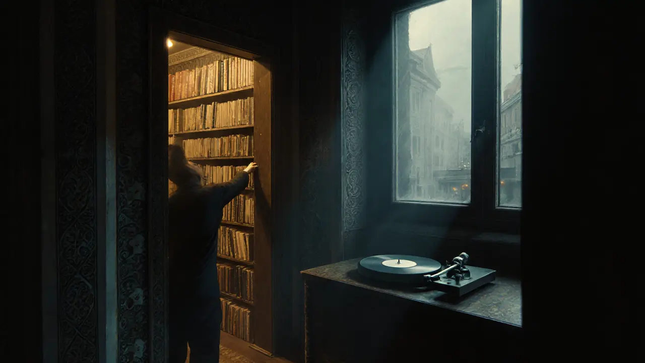 A hidden speakeasy revealed through a sliding bookshelf in a historic Ottoman mansion.