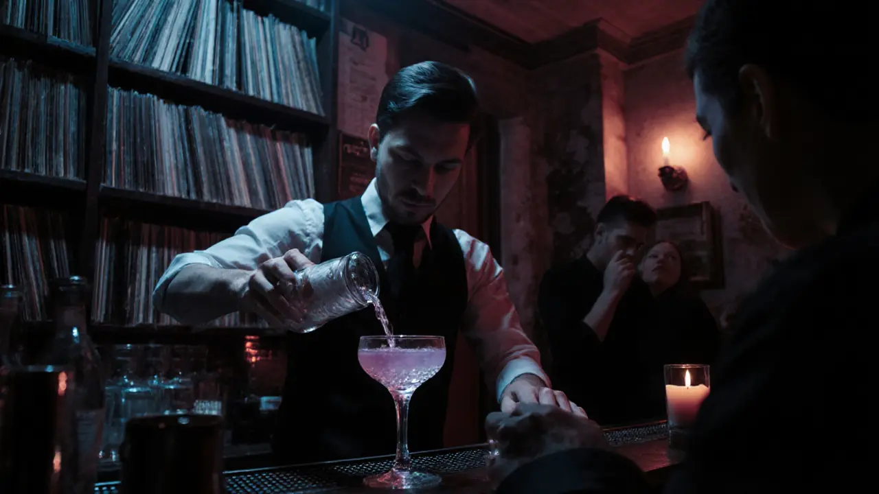 A hidden underground bar with vintage vinyl records and a bartender pouring infused gin in soft blue light.