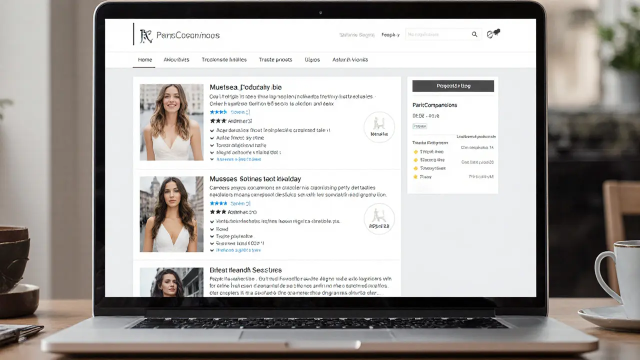 A laptop displaying verified escort profiles with detailed interests and trusted agency names.