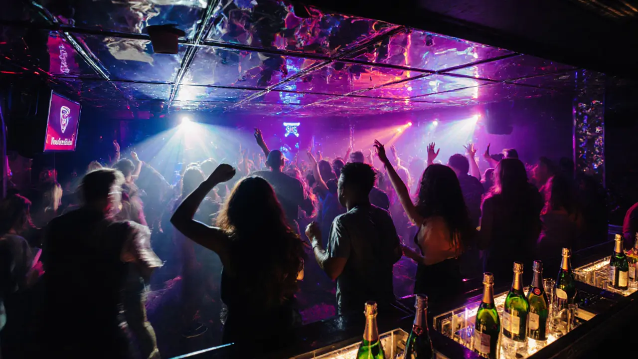 A lively nightclub with neon lights, dancing crowds, and VIP tables under strobes.