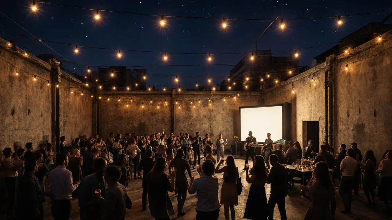 A lively outdoor courtyard at night with people dancing under string lights in an old warehouse, surrounded by industrial architecture and stars.