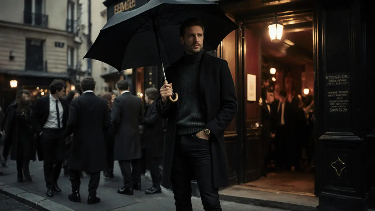 A man in a wool coat and Chelsea boots stands outside a jazz bar in Montmartre, holding an umbrella.